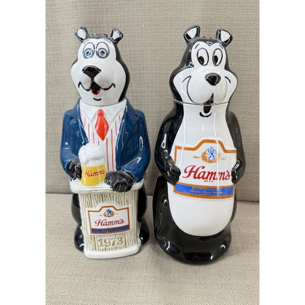 Special Edition 1973 Hamms Beer Bear Bartender Decanter & 1972 Podium Beer Set
